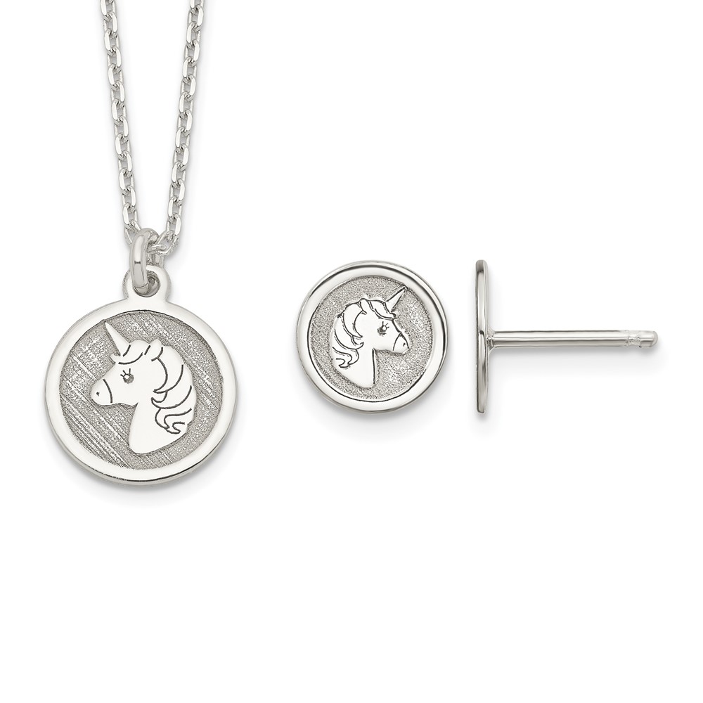 Sterling Silver Unicorn 14 Inch Necklace & Post Earrings Set