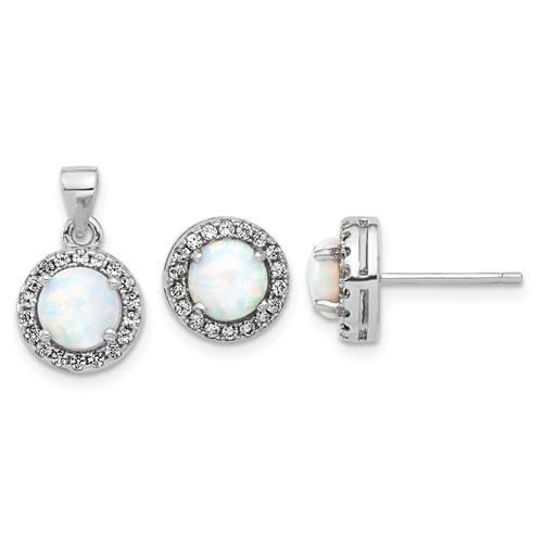 Sterling Silver Rh-plated CZ and Created Opal Halo Pendant and Earring Set