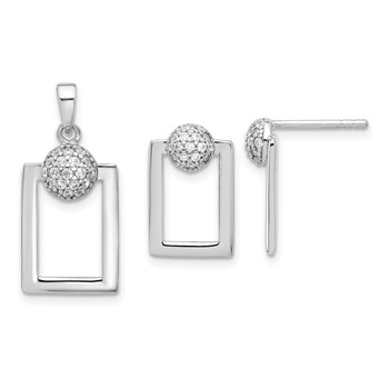 Sterling Silver RH-plated Micro Pave CZ Rectangle Earrings and Pendant Set
