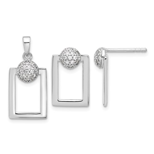 Sterling Silver RH-plated Micro Pave CZ Rectangle Earrings and Pendant Set