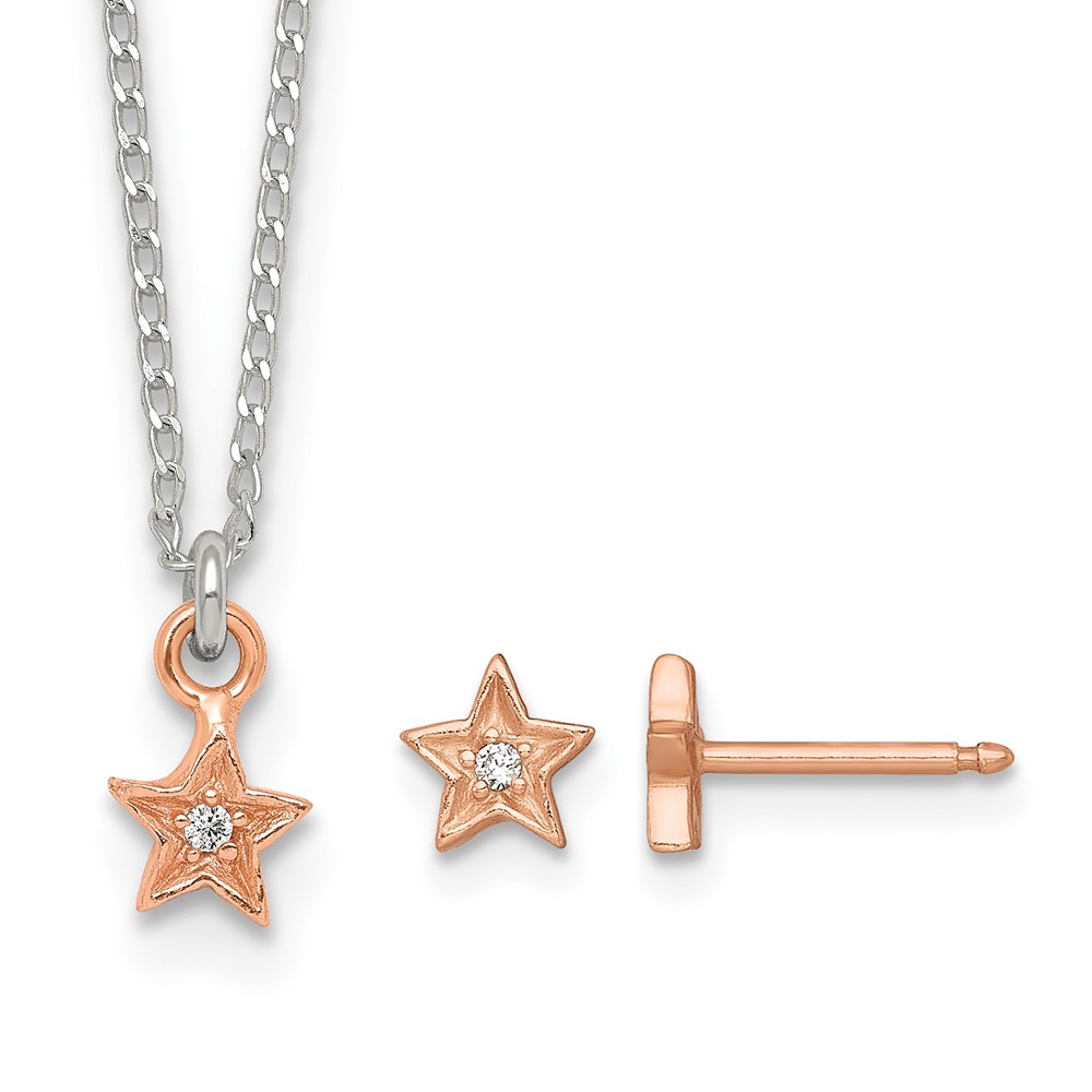 Sterling Silver Rose Gold-pltd Star w/CZ Earring and 14 Inch Necklace Set