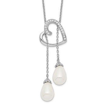 Sentimental Expressions Sterling Silver Rhodium-plated FW Cultured Pearl CZ Two Become One 18in Heart Necklace