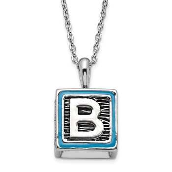 Sentimental Expressions Polished & Antiqued Blue Enameled & CZ Family Building Blocks Necklace