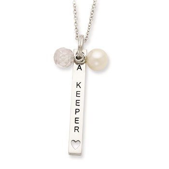 Sentimental Expressions Sterling Silver Polished & Antiqued Freshwater Cultured Pearl & CZ I Am A Keeper Necklace — alternate view