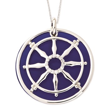 Sterling Silver CZ & Sim. Cat's Eye Stay On Target Ships Wheel Necklace — alternate view