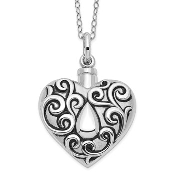 Sentimental Expressions Sterling Silver Rhodium-plated Antiqued Grieving Heart Ash Holder 18 Inch Necklace