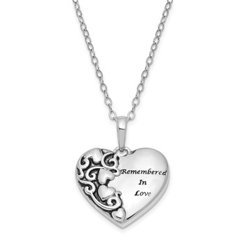 Sentimental Expressions Sterling Silver Rhodium-plated Antiqued Remembered in Love Heart 18 Inch Necklace