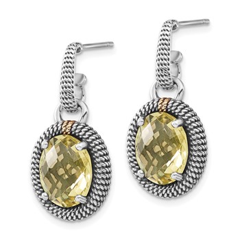 Sterling Silver w/14k Accent Polished & Antiqued Oval Lemon Quartz Post Dangle Earrings — alternate view