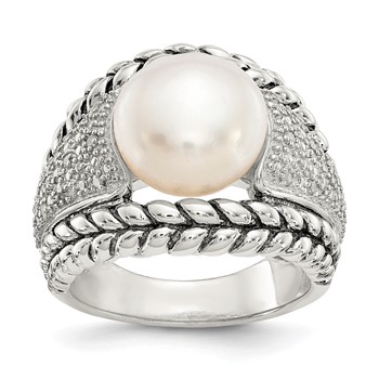 Shey Couture Sterling Silver Antiqued Freshwater Cultured Pearl and Diamond Ring