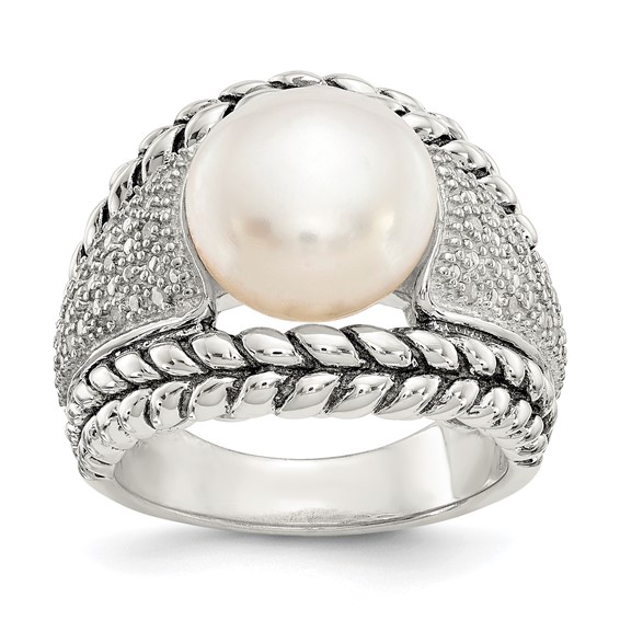 Sterling Silver Freshwater Cultured Pearl & Diamond Ring