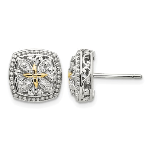Sterling Silver Rhodium-plated w/14k Diamond Post Earrings