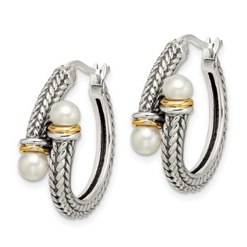 Shey Couture Sterling Silver with 14K Accent Antiqued 4mm Freshwater Cultured Pearl Hoop Earrings — alternate view