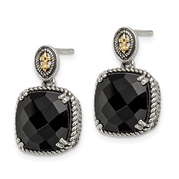 Shey Couture Sterling Silver with 14K Accent Antiqued Checkerboard-cut Black Onyx Dangle Post Earrings — alternate view