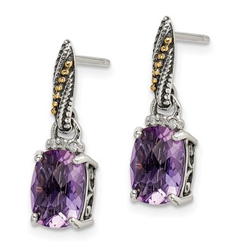 Shey Couture Sterling Silver with 14K Accent Antiqued Diamond and Cushion Amethyst Dangle Post Earrings — alternate view