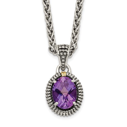 Sterling Silver Antiqued w/14ky Amethyst Oval Necklace