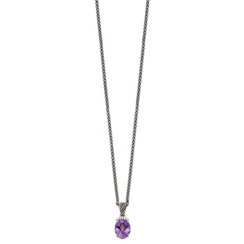 Shey Couture Sterling Silver with 14K Accent 18 Inch Antiqued Checkerboard-cut Oval Amethyst and Diamond Necklace — alternate view