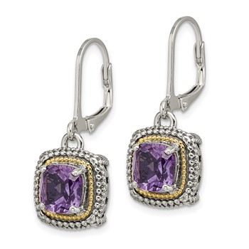 Shey Couture Sterling Silver with 14K Accent Antiqued Cushion Amethyst Leverback Earrings — alternate view