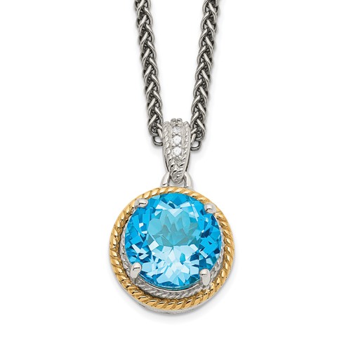 Sterling Silver Rhod-plated w/14k Blue Topaz and Diamond Necklace