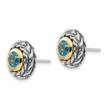 Shey Couture Sterling Silver with 14K Accent Antiqued Round Bezel Light Swiss Blue Topaz Post Earrings — alternate view
