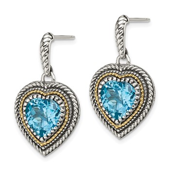 Shey Couture Sterling Silver with 14K Accent Antiqued Light Swiss Blue Topaz Heart Dangle Post Earrings — alternate view