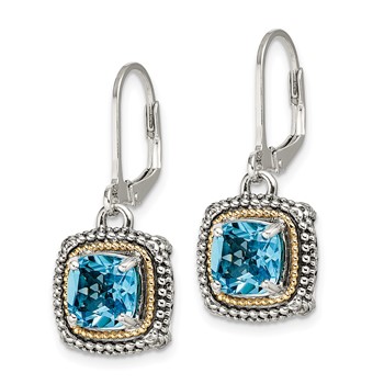 Shey Couture Sterling Silver with 14K Accent Antiqued Cushion Light Swiss Blue Topaz Leverback Dangle Earrings — alternate view