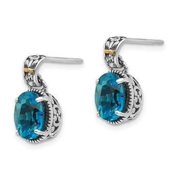 Shey Couture Sterling Silver with 14K Accent Antiqued Oval London Blue Topaz Post Dangle Earrings — alternate view