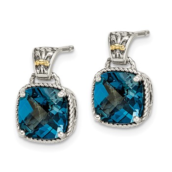 Shey Couture Sterling Silver with 14K Accent Antiqued Cushion London Blue Topaz Post Dangle Earrings — alternate view