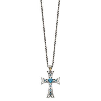 Shey Couture Sterling Silver with 14K Accent 18 Inch Antiqued Round London Blue Topaz Cross Necklace — alternate view