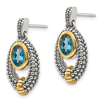 Shey Couture Sterling Silver Gold-tone Flash Gold-plated Antiqued Oval Bezel London Blue Topaz Post Dangle Earrings — alternate view