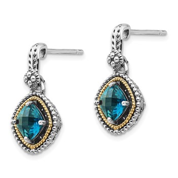 Shey Couture Sterling Silver with 14K Accent Antiqued Cushion London Blue Topaz Post Dangle Earrings — alternate view