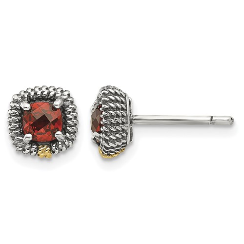 Sterling Silver Antiqued w/14k Square Cushion Garnet Post Earrings