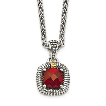 Shey Couture Sterling Silver with 14K Accent 18 Inch Antiqued Checkerboard Bezel Garnet Necklace