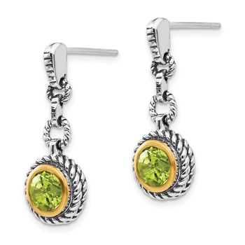 Shey Couture Sterling Silver Gold-tone Flash Gold-plated Antiqued Round Bezel Peridot Post Dangle Earrings — alternate view