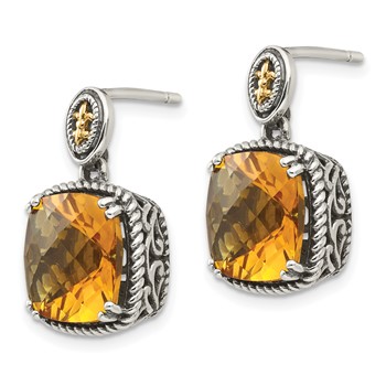 Shey Couture Sterling Silver with 14K Accent Antiqued Cushion Citrine Dangle Post Earrings — alternate view
