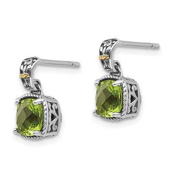 Shey Couture Sterling Silver with 14K Accent Antiqued Cushion Peridot Dangle Post Earrings — alternate view