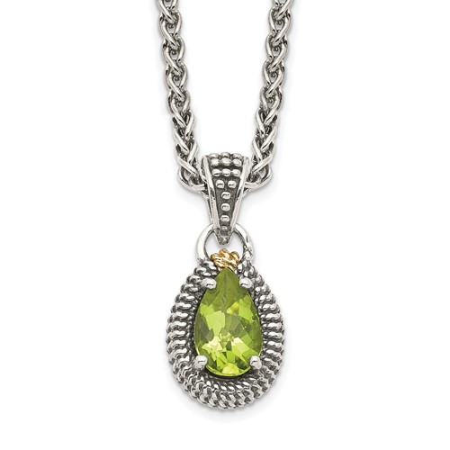 Sterling Silver Antiqued w/14ky Peridot Pear Shaped Necklace
