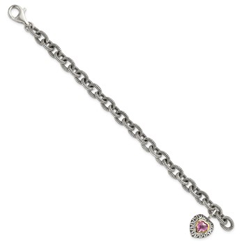 Shey Couture Sterling Silver with 14K Accent 7.5 Inch Antiqued Heart Bezel Created Pink Sapphire Heart Charm Bracelet — alternate view