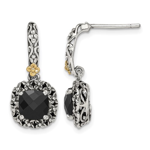 Sterling Silver Antiqued w/ 14k Polished Onyx Earrings