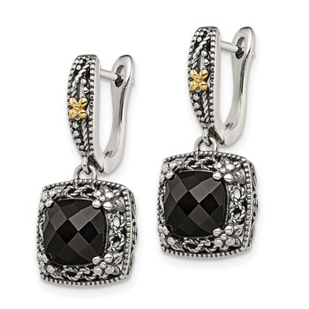 Shey Couture Sterling Silver with 14K Accent Antiqued Checkerboard-cut Black Onyx Hinged Hoop Dangle Earrings — alternate view