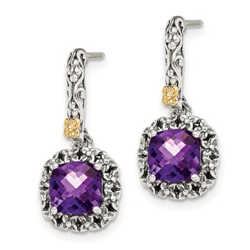 Shey Couture Sterling Silver with 14K Accent Antiqued Cushion Amethyst Post Dangle Earrings — alternate view