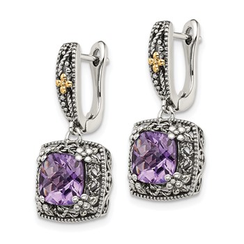 Shey Couture Sterling Silver with 14K Accent Antiqued Cushion Amethyst Hinged Hoop Dangle Earrings — alternate view