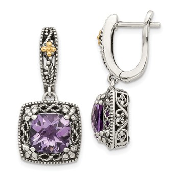 Shey Couture Sterling Silver with 14K Accent Antiqued Cushion Amethyst Hinged Hoop Dangle Earrings