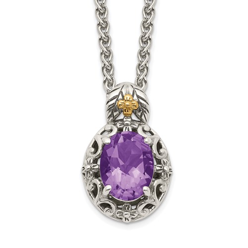 Sterling Silver Antiqued w/ 14K Accent Amethyst Necklace