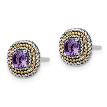 Shey Couture Sterling Silver with 14K Accent Antiqued Cushion Amethyst Post Earrings — alternate view