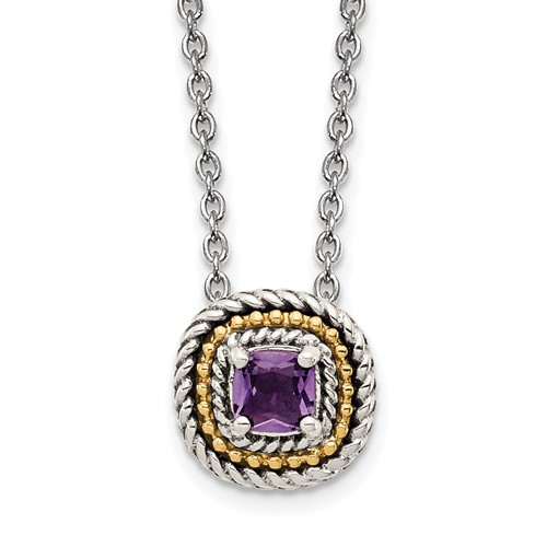 Sterling Silver Antiqued w/14K Accent Amethyst Square Slide Necklace
