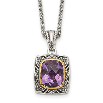 Shey Couture Sterling Silver with 14K Accent 18 Inch Antiqued Checkerboard-cut Cushion Bezel Amethyst Necklace
