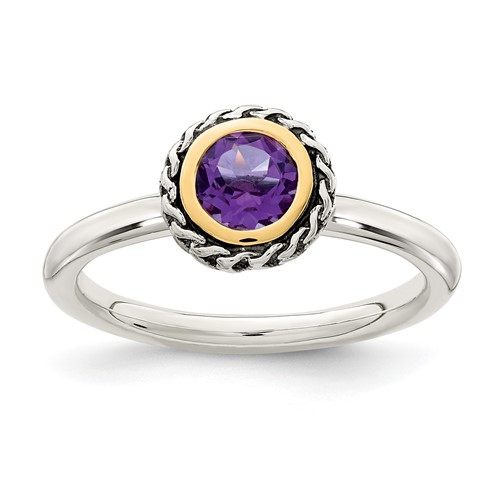 Sterling Silver Antiqued w/ 14k Polished Amethyst Ring