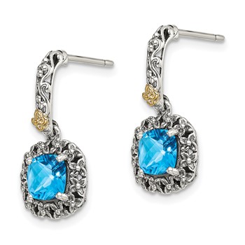 Shey Couture Sterling Silver with 14K Accent Antiqued Cushion Checkerboard Blue Topaz Post Dangle Earrings — alternate view