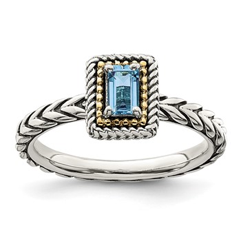 Shey Couture Sterling Silver with 14K Accent Antiqued Emerald-cut Light Swiss Blue Topaz Ring