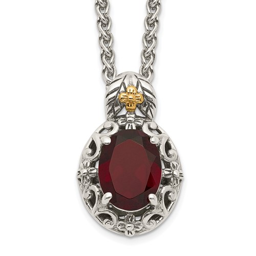 Sterling Silver w/14k Accent Antiqued Garnet Necklace